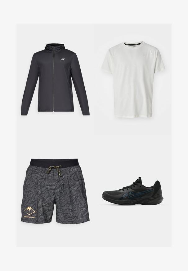 Schwarze, leichte Jacke mit Kapuze, Frontreißverschluss, langen Ärmeln und kleinem Logo auf der Brust. Glattes, wasserabweisendes Material.; ASICS GAME - T-Shirt basic - cream; Schwarze Shorts mit einem strukturierten Muster aus grauen Wellen und gepunkteten Akzenten. Mit einem schwarzen elastischen Bund und einer gelben Kordel sowie einem Logo.; ASICS SOLUTION SPEED FF 3 CLAY - Tennisschuh für Sandplätze - black/prism blue