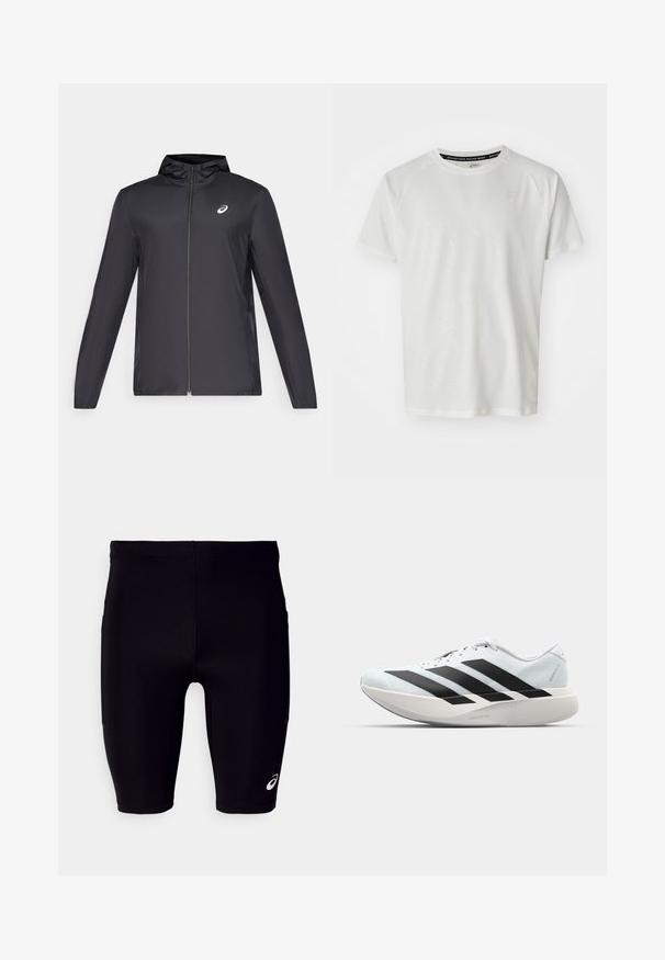 Casaco leve preto com capuz, fecho frontal, mangas longas e um pequeno logotipo no peito. Tecido suave e resistente à água.; ASICS GAME - T-shirt básica - cream; Calções atléticos pretos feitos de material elástico, apresentando um ajuste justo, design até ao joelho e um pequeno logótipo branco na parte inferior.; Tênis de corrida leves em azul pálido com riscas pretas. Apresentam um cabedal liso, bico redondo e uma entressola espessa branca rotulada como "LIGHTSTRIKE PRO."