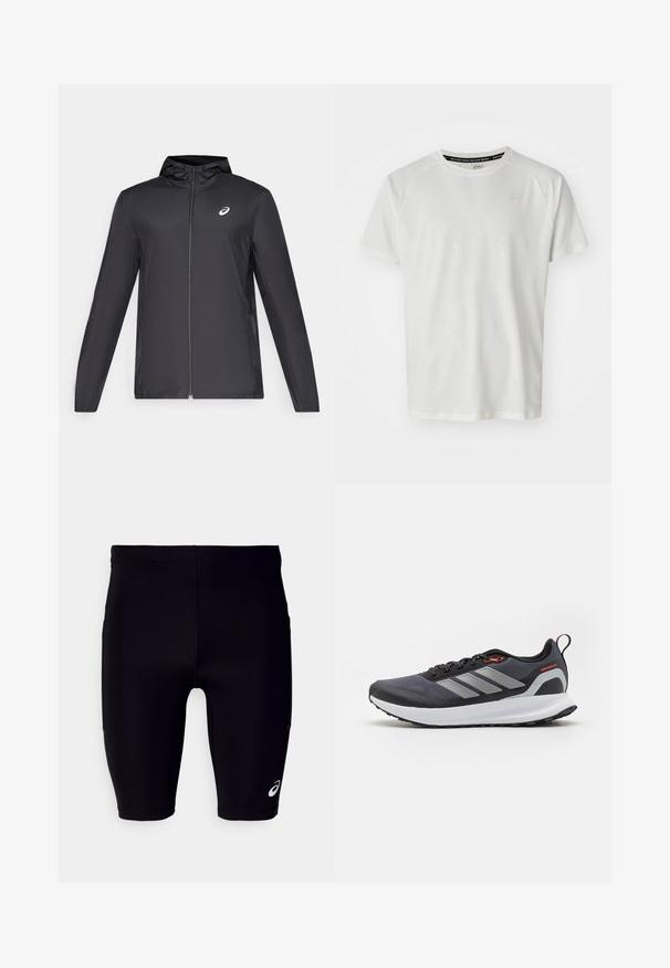 Mustmust mustgaasiga, millega on väike kapuuts, ees lukuga, pikad varrukad ja väike logo rinnal. Sile, veekindel kangas.; ASICS GAME - Lihtne T-särk - cream; Mustad mustrisemed pikkade pükste, mis on valmistatud venivast materjalist, tihedalt istuv ja ulatub põlveni. Madalal küljel on väike valge logo.; Mustrelised jooksujalatsid mustas toonis hallide aktsentidega. Omab tekstuurset ülemist osa, tugevat tallat, ja peegelduvaid riba. Kerge disain koos pehmendusega vahe-sisekehaga.