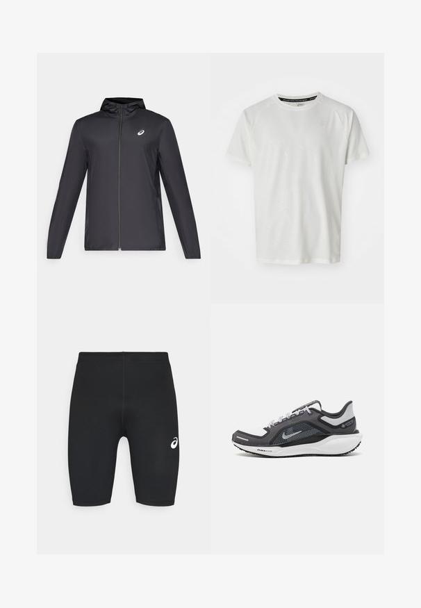 Giacca leggera nera con cappuccio, zip frontale, maniche lunghe e un piccolo logo sul petto. Tessuto liscio e resistente all'acqua.; ASICS GAME - T-shirt basic - cream; Shorts sportivi neri con una texture liscia, design aderente e logo bianco sul lato sinistro. Nessuna tasca visibile o dettagli in metallo.; Scarpa da ginnastica nera e grigia con tomaia in rete, dettagli riflettenti e intersuola bianca. Presenta una suola in gomma testurizzata e lacci.