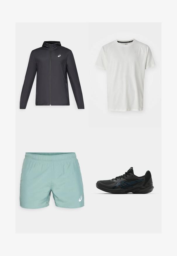 Veste légère noire avec capuche, fermeture éclair sur le devant, manches longues et petit logo sur la poitrine. Tissu lisse et résistant à l'eau.; ASICS GAME - T-shirt basique - cream; ASICS CORE SHORT - Short de sport - celadon; ASICS SOLUTION SPEED FF 3 CLAY - Chaussures de tennis pour terre-battueerre battue - black/prism blue