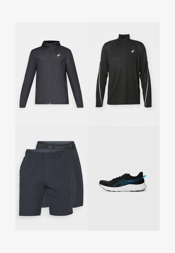 Čierna ľahká bunda s kapucňou, predným zipsom, dlhými rukávmi a malým logom na hrudi. Hladká, vodeodolná látka.; Čierny športový top s dlhým rukávom a polovičným zipsom, s reflektujúcimi bielymi detailmi na rukávoch a logom na hrudi.; Dve dvojice tmavomodrých šortiek vedľa seba. Jedny majú elastický pás so znakmi, zatiaľ čo druhé majú bočné vrecko.; Čierna športová obuv s priedušným sieťovaným zvrškom, modrými akcentmi, polstrovanou bielou podrážkou a textúrovaným povrchom pre lepšiu priľnavosť. Obsahuje šnúrky a pätkovú slučku.