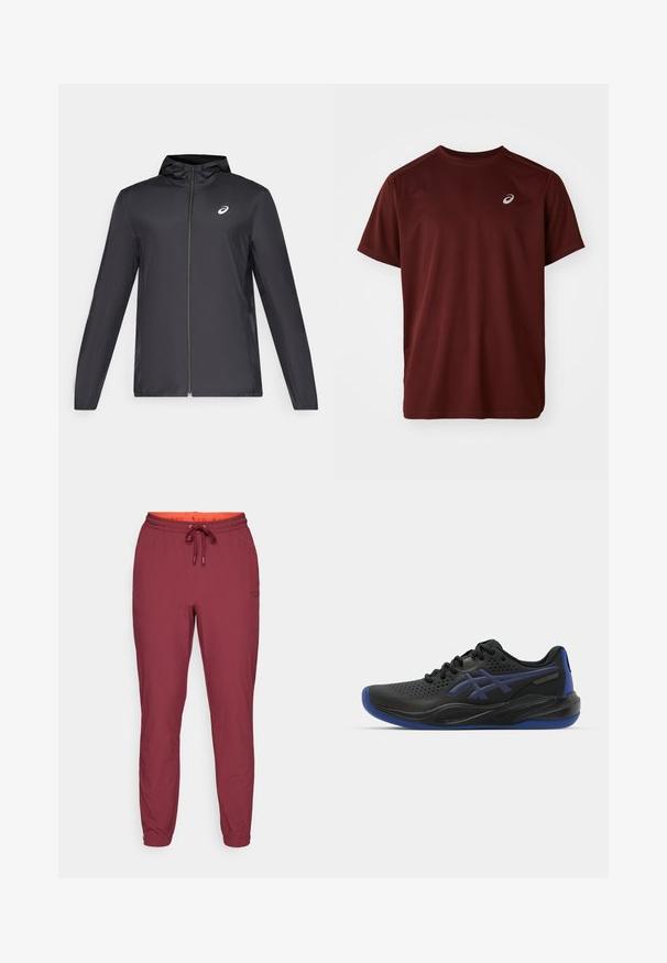 Svart lättviktsjacka med huva, framdragkedja, långa ärmar och en liten logotyp på bröstet. Slät, vattenavvisande tyg.; Burgundy tränings t-shirt i fuktavledande tyg, med rund hals och en liten vit logotyp på vänster bröst.; Burgundyröda joggerbyxor med elastisk midja och dragsko, åtsittande muddar och subtil branding på vänster ben. Slät tygtextur.; Svart idrottssko med blå accenter, med en perforerad ovandel, rund tå och texturerad sula. Inkluderar snörningsdesign och logotypdetalj.