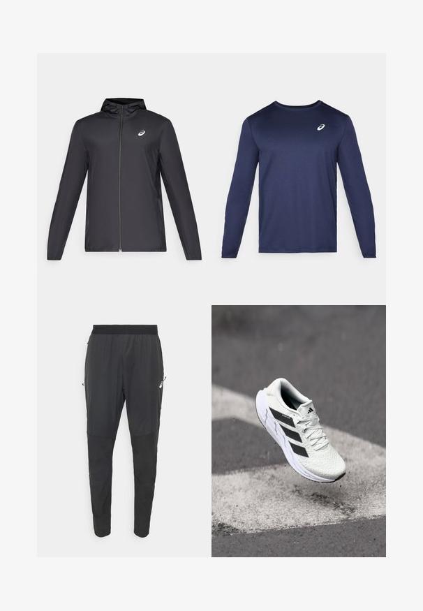 Melns viegls mētelis ar kapuci, priekšējais rāvējslēdzis, gari piedurknes un mazs logo uz krūtīm. Gluda, ūdensizturīga auduma.; Tumšzilā krāsā ilgu piedurknu sporta krekls, izgatavots no gludas auduma. Tam ir noapaļota kakla izgriezums un mazs balts logo uz krūtīm.; Melnas sporta bikses, kas izgatavotas no viegla, ūdensizturīga materiāla, ar konusveida dizainu, elastīgu jostu un kabatām ar rāvējslēdzējiem.; Baltas sporta apavs ar teksturētu sietu augšu, melnām svītrām, auklu aizdari un mīkstu zoli, kas levitē virs marķētas ceļa virsmas.