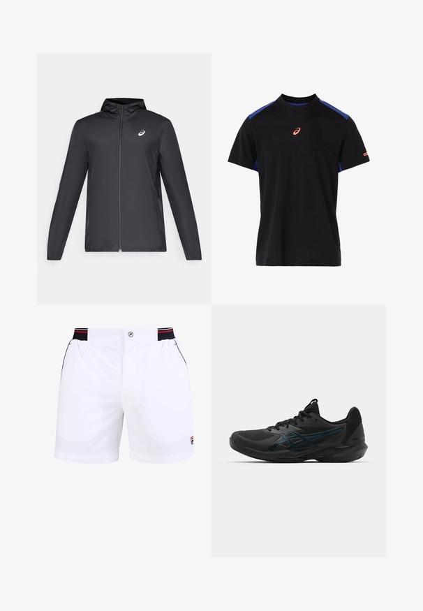 Black lightweight jacket with a hood, front zipper, long sleeves, and a small logo on the chest. Smooth, water-resistant fabric.; ASICS PADEL COURT SS - Print T-shirt - black dark; White athletic shorts with a black and red elastic waistband, front pockets, and a Fila logo on the lower right side. Smooth fabric texture.; ASICS SOLUTION SPEED FF 3 CLAY - Clay court tennis shoes - black/prism blue