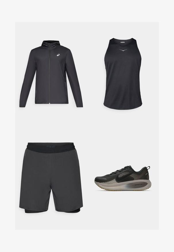 Musta kevyt takki hupulla, edessä vetoketju, pitkät hihat ja pieni logo rinnassa. sileä, vettä hylkivä kangas.; Musta ilmanhiottu urheilualus T-paita, jossa on hengittävä kankaat, pyöreä pääntie ja heijastava logo korostus rinnassa.; Miesten tummanharmaat sortsit, joissa on musta joustava vyötärö ja sisäinen, istuva kerros. Sujuva pinta, polven pituinen malli.; Musta juoksukengä, jossa on verkkopinta, heijastavat yksityiskohdat ja ZoomX-vuoraus. Varustettu teksturoidulla pohjalla pidon parantamiseksi. Virtaviivainen muotoilu.