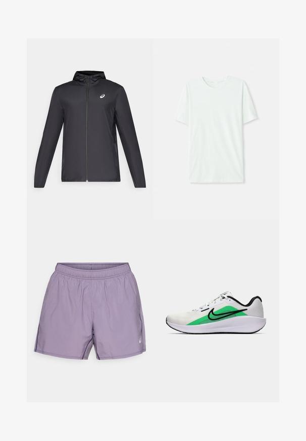 Schwarze, leichte Jacke mit Kapuze, Frontreißverschluss, langen Ärmeln und kleinem Logo auf der Brust. Glattes, wasserabweisendes Material.; Helles mintgrünes T-Shirt mit kurzen Ärmeln aus weichem Stoff. Es hat einen Rundhalsausschnitt und einen schlichten, geraden Schnitt ohne Verzierungen.; Lila Sportshorts mit elastischem Bund, glatter Textur, Seitentaschen und einem kleinen Logo-Detail.; Weißer Sportschuh mit grünem Akzent, schwarzem Logo, oberer Schicht aus Netzmaterial, gepolsterter Sohle und abgerundetem Absatz. Verfügt über Schnürsenkel und kontrastierende Details.