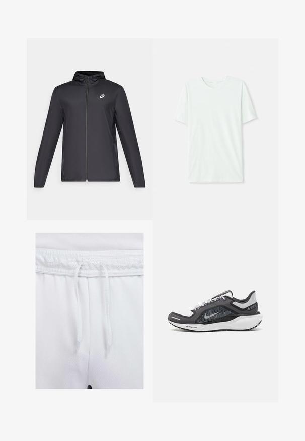 Zwarte lichtgewicht jas met een capuchon, rits aan de voorkant, lange mouwen en een klein logo op de borst. Glad, waterafstotend materiaal.; Licht mintgroen T-shirt met korte mouwen, gemaakt van zachte stof. Het heeft een ronde halslijn en een simpele, rechte snit zonder versieringen.; Witte sportieve shorts met een mesh tailleband, verstelbare trekkoorden en een zachte, gestructureerde stof met zichtbare stiksels.; Zwarte en grijze sportschoen met een bovenwerk van mesh, reflecterende accenten en een witte tussenzool. Beschikt over een gestructureerde rubberen zool en veters.