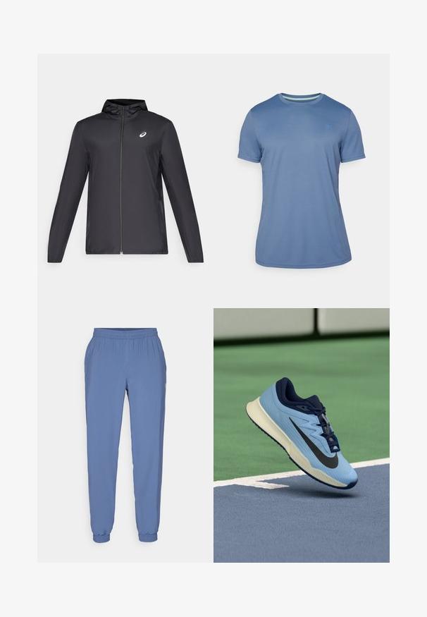 Svart lett jakke med hette, glidelås foran, lange ermer og en liten logo på brystet. Glatt, vannavstøtende stoff.; Kortermet T-skjorte i lyseblå, laget av glatt stoff. Har rund hals med kontrasterende innvendig trim og liten logodetalj.; Blå, lette joggebukser med elastisk liv og mansjetter. Har en jevn tekstur og en liten logo på siden.; Lys blå idrettssko med marineblå detaljer, teksturert mesh-overdel og svart Swoosh-logo. Har en polstret midtsåle og gummisåle.