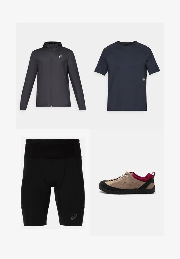 Musta kevyt takki hupulla, edessä vetoketju, pitkät hihat ja pieni logo rinnassa. sileä, vettä hylkivä kangas.; Tummansininen lyhythihainen t-paita, joka on valmistettu kevyestä kankaasta. Paidan muotoilu sisältää pyöreän kaula-aukon, jonka takana on pieniä rei'ityksiä, ja etupuolella on logo.; Mustat urheilushortsit, joissa on tiukka muotoilu ja sileä materiaali. Varustettu korkealla vyötäröllä ja pienellä logolla vasemmassa alakulmassa.; Kengät beigen värisestä mokasta yläosasta, mustasta kumipohjasta, vaaleanpunaisista verkkosomisteista ja harmaista nauhoista. Sisältää reikärakenteen hengittävyyttä varten ja vetoluukun.