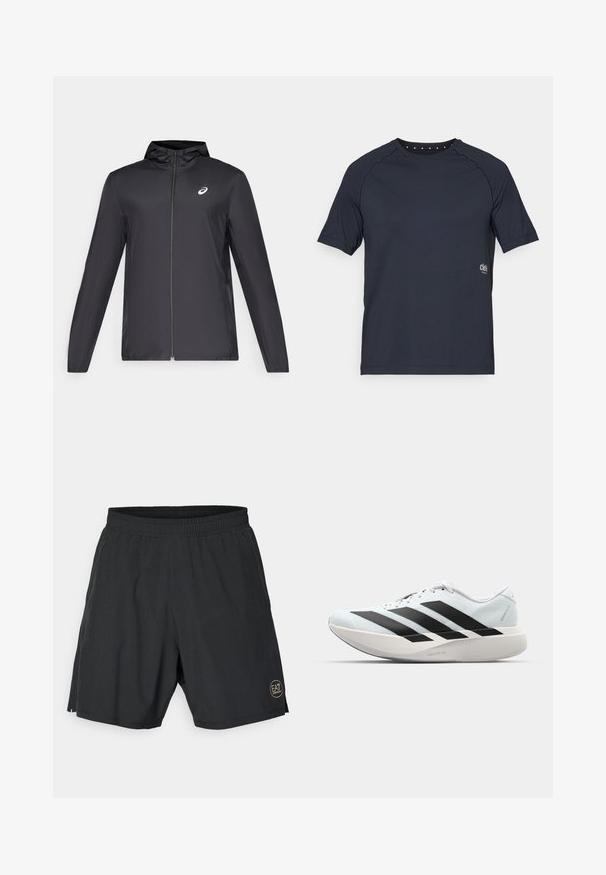 Svart lett jakke med hette, glidelås foran, lange ermer og en liten logo på brystet. Glatt, vannavstøtende stoff.; Mørk marineblå kortermet t-skjorte laget av lett stoff, med rund hals og små øyeletsdetaljer bak, samt logo på framsiden.; Sorte sportslige shorts laget av lett materiale, med elastisk liv, og en gullsirkel-logo nederst til høyre.; Lette løpesko i lys blå med svarte striper. Har en myk overdel, rund tå og tykk hvit mellomsole merket "LIGHTSTRIKE PRO."