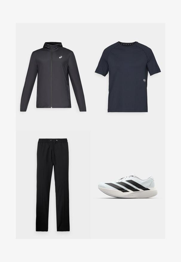 Črna lahka jakna s kapuco, sprednjim zadrgo, dolgimi rokavi in majhnim logotipom na prsih. Gladko, vodoodporno blago.; Temno mornarsko modra majica s kratkimi rokavi, izdelana iz lahkega materiala, z okroglo odprtino za vrat, ki ima majhne očičaste podrobnosti na hrbtni strani, ter logotipom na sprednji strani.; Iceberg PANTALONI - Hlače - nero; Lahki tekaški čevlji v svetlo modri barvi z belimi črtami. Imajo gladek zgornji del, okroglo kapico in debel bel srednji podplat z označbo "LIGHTSTRIKE PRO."