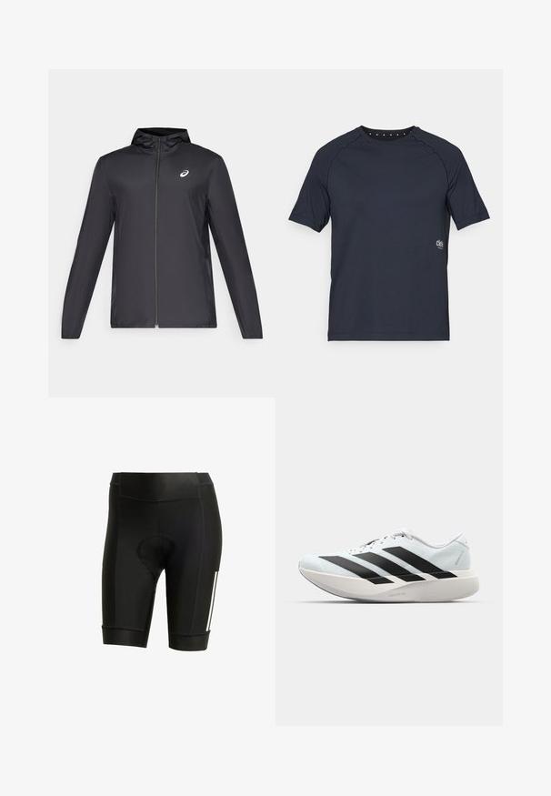 Zwarte lichtgewicht jas met een capuchon, rits aan de voorkant, lange mouwen en een klein logo op de borst. Glad, waterafstotend materiaal.; Donkerblauw short-sleeve t-shirt gemaakt van lichtgewicht stof, met een ronde halslijn en kleine oogjesdetails op de rug en een logo aan de voorkant.; Zwarte fietsbroek met een gepolsterde zitting, gemaakt van rekbare stof. Heeft een strak ontwerp met witte strepen en platte stiksels.; Lichte hardloopschoenen in lichtblauw met zwarte strepen. Beschikt over een soepele bovenkant, ronde neusstuk en dikke witte tussenzool met het label "LIGHTSTRIKE PRO."