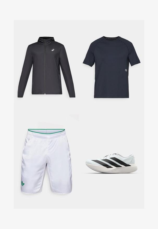 Crna lagana jakna s kapuljačom, prednjim patentnim zatvaračem, dugim rukavima i malim logom na prsima. Glatka, vodoodbojna tkanina.; Tamno mornarica kratki rukav majica napravljena od lagane tkanine, s okruglim izrezom i malim rupicama na leđima te logotipom sprijeda.; Bijele atletske kratke hlače s zelenim pojasom i zelenim Adidas triskelim logotipom. Napravljene su od glatkog, laganog materijala s bočnim džepovima.; Lagane tenisice za trčanje u svijetloplavoj boji s crnim trakama. Imaju glatku gornju površinu, okrugli vrh i debeli bijeli srednji sloj označen "LIGHTSTRIKE PRO."