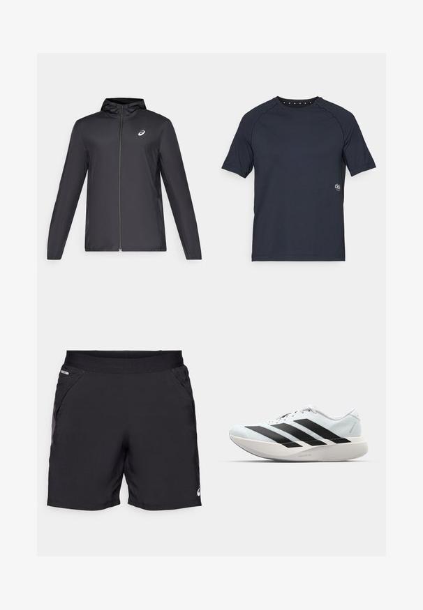 Crna lagana jakna s kapuljačom, prednjim patentnim zatvaračem, dugim rukavima i malim logom na prsima. Glatka, vodoodbojna tkanina.; Tamno mornarica kratki rukav majica napravljena od lagane tkanine, s okruglim izrezom i malim rupicama na leđima te logotipom sprijeda.; Crne sportske kratke hlače od lagane tkanine, s dva bočna džepa, elastičnom strukom i malim logotipom na donjem rubu.; Lagane tenisice za trčanje u svijetloplavoj boji s crnim trakama. Imaju glatku gornju površinu, okrugli vrh i debeli bijeli srednji sloj označen "LIGHTSTRIKE PRO."