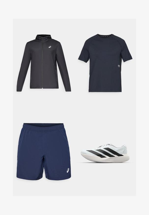 Črna lahka jakna s kapuco, sprednjim zadrgo, dolgimi rokavi in majhnim logotipom na prsih. Gladko, vodoodporno blago.; Temno mornarsko modra majica s kratkimi rokavi, izdelana iz lahkega materiala, z okroglo odprtino za vrat, ki ima majhne očičaste podrobnosti na hrbtni strani, ter logotipom na sprednji strani.; Mornarji modri športni kratki hlače z elastičnim pasom, gladkim sintetičnim materialom in belim logotipom na spodnjem levem delu.; Lahki tekaški čevlji v svetlo modri barvi z belimi črtami. Imajo gladek zgornji del, okroglo kapico in debel bel srednji podplat z označbo "LIGHTSTRIKE PRO."