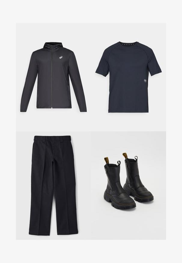 Juodas lengvas džemperis su gobtuvu, priekiniais užtrauktukais, ilgomis rankovėmis ir mažai logo ant krūtinės. Lygi, vandeniui atspari medžiaga.; Tamsiai mėlynas trumpas rankovėmis marškinėliai, pagaminti iš šviesos audinio, su apvaliu iškirpimu ir mažomis skylutėmis nugaroje bei logotipu priekyje.; Juodos kelnės, pagamintos iš patvarios medžiagos, su tiesiu kirpimu, juosmeniu su diržo kilpomis ir be matomų kišenių ar papuošimų.; Juodi odiniai auliniai batai su stambiu padu, šonine užtrauktuku, paminkštintu viršumi ir kontrastinga gelsva kilpa. Tekstūruota paviršių su siūlių detalėmis.