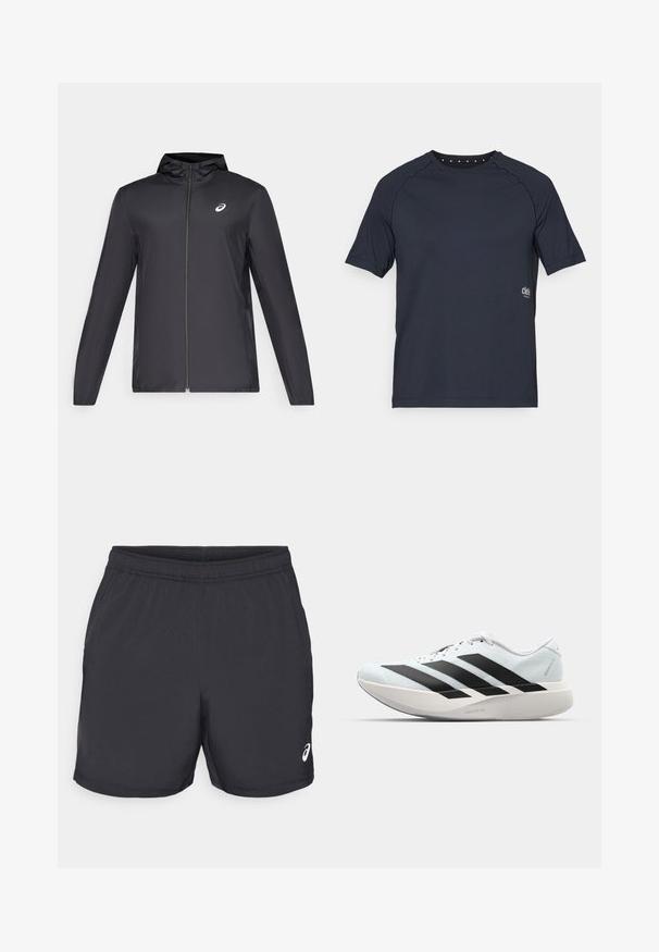 Černá lehká bunda s kapucí, předním zipem, dlouhými rukávy a malým logem na hrudi. Hladká, voděodolná tkanina.; Tmavě modré tričko s krátkým rukávem vyrobené z lehké tkaniny, s kulatým výstřihem a malými očka detaily na zadní straně a logem na přední straně.; Černé sportovní šortky vyrobené z lehkého materiálu. Obsahují elastický pas a logo na dolní pravé straně.; Lehké běžecké boty v světle modré barvě s černými pruhy. Mají hladký svršek, kulatou špičku a silnou bílou mezipodešev označenou "LIGHTSTRIKE PRO."