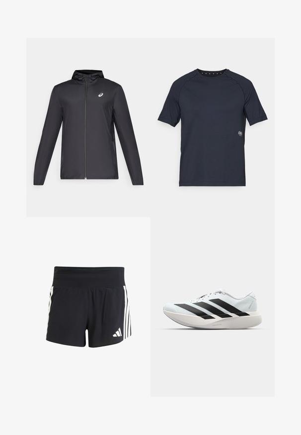 Schwarze, leichte Jacke mit Kapuze, Frontreißverschluss, langen Ärmeln und kleinem Logo auf der Brust. Glattes, wasserabweisendes Material.; Dunkelblaues kurzärmliges T-Shirt aus leichtem Stoff, mit einem Rundhalsausschnitt, kleinen Ösen-Details auf der Rückseite und einem Logo auf der Vorderseite.; Schwarze Sportshorts aus strukturiertem Stoff, mit einem breiten Bund und drei vertikalen weißen Streifen an den Seiten. adidas-Logo am Saum.; Leichte Laufschuhe in hellblau mit schwarzen Streifen. Sie verfügen über ein glattes Obermaterial, eine runde Zehenpartie und eine dicke weiße Zwischensohle, die mit "LIGHTSTRIKE PRO" beschriftet ist.