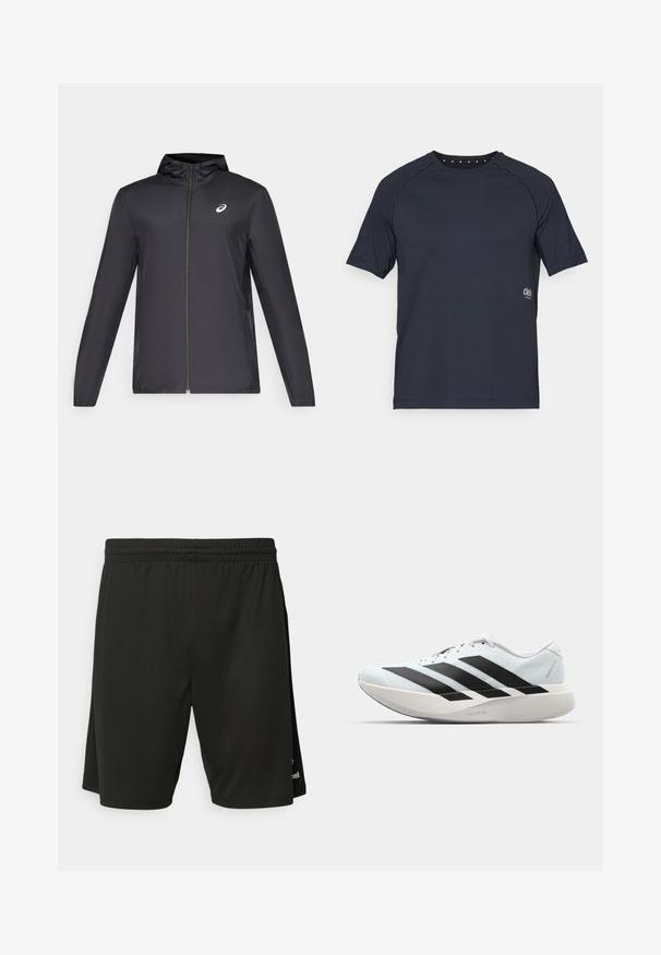 Musta kevyt takki hupulla, edessä vetoketju, pitkät hihat ja pieni logo rinnassa. sileä, vettä hylkivä kangas.; Tummansininen lyhythihainen t-paita, joka on valmistettu kevyestä kankaasta. Paidan muotoilu sisältää pyöreän kaula-aukon, jonka takana on pieniä rei'ityksiä, ja etupuolella on logo.; Mustat urheilushortsit, jotka on valmistettu kevyestä kankaasta. Niissä on joustava vyötärö ja litteät saumat. Hemmassa on huomaamaton logot yksityiskohta.; Kevyt juoksukengät vaaleansinisinä mustilla raidoilla. Ominaisuuksiin kuuluu sileä pinta, pyöreä kärki ja paksu valkoinen välipohja, joka on merkitty "LIGHTSTRIKE PRO".