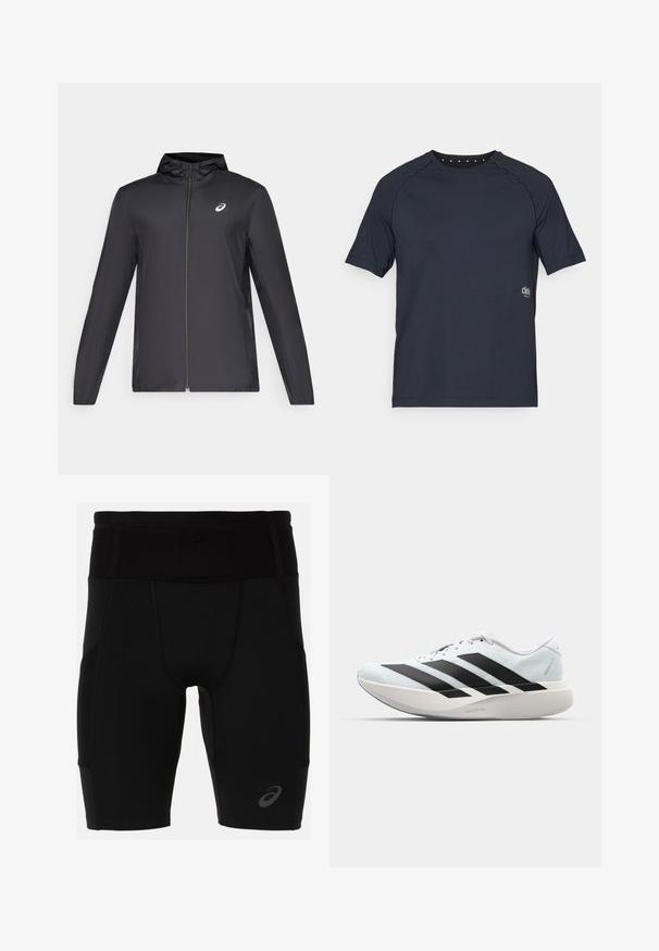 Casaco leve preto com capuz, fecho frontal, mangas longas e um pequeno logotipo no peito. Tecido suave e resistente à água.; T-shirt curto de manga curta em azul marinho escuro, feito de tecido leve, com decote redondo, detalhes de ilhós pequenos na parte de trás e logótipo na frente.; Calções atléticos pretos com um design ajustado, feitos de um material suave. Apresentam uma cintura alta e um pequeno logo na parte inferior da perna esquerda.; Tênis de corrida leves em azul pálido com riscas pretas. Apresentam um cabedal liso, bico redondo e uma entressola espessa branca rotulada como "LIGHTSTRIKE PRO."