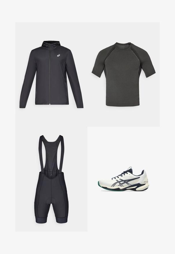 Schwarze, leichte Jacke mit Kapuze, Frontreißverschluss, langen Ärmeln und kleinem Logo auf der Brust. Glattes, wasserabweisendes Material.; Schwarzes kurzärmliges Sportshirt mit strukturiertem Rippenmuster, körperbetontem Design und minimalistischer Veredelung an den Ärmeln und dem Kragen.; Schwarze Radsport-Bib-Shorts mit verstellbaren Trägern und einer gepolsterten Sitzpolsterung. Ausgestattet mit einer glatten Textur und verstärkten Nähten für Langlebigkeit.; Weißer und marineblauer Sportschuh mit einem atmungsaktiven Mesh-Obermaterial, gemustertem Textur und grünen Akzenten an der Sohle. Für optimale Leistung entwickelt.