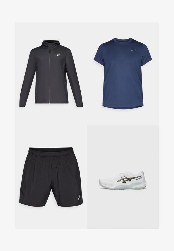 Μαύρο ελαφρύ μπουφάν με κουκούλα, μπροστινό φερμουάρ, μακριά μανίκια και μικρό λογότυπο στο στήθος. Λείο, αδιάβροχο ύφασμα.; Ναυτικό μπλε αθλητικό μπλουζάκι κοντομάνικο κατασκευασμένο από λεία, ελαφριά ύφανση. Διαθέτει ένα μικρό λευκό λογότυπο Nike στο επάνω αριστερό μέρος.; Μαύρες αθλητικές βερμούδες από ελαφρύ ύφασμα, με ελαστική μέση και ένα μικρό λογότυπο στη χαμηλή αριστερή πλευρά.; Λευκό αθλητικό παπούτσι με επάνω μέρος από πλέγμα με διατρήσεις, μαύρες λεπτομέρειες, στρογγυλή μύτη και υφή στην σόλα για καλύτερη πρόσφυση.