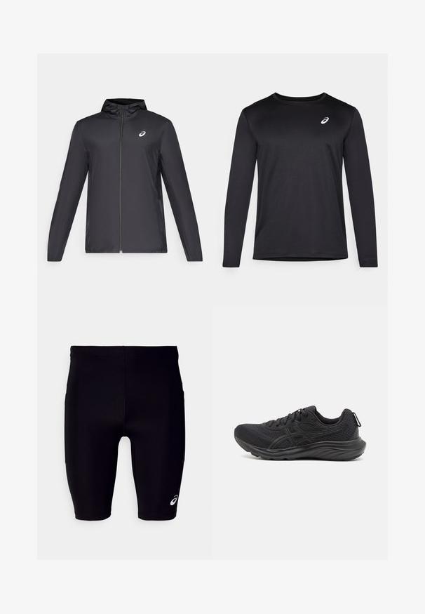 Schwarze, leichte Jacke mit Kapuze, Frontreißverschluss, langen Ärmeln und kleinem Logo auf der Brust. Glattes, wasserabweisendes Material.; Schwarzes Langarm-Sporthemd aus strukturiertem Stoff, mit einem runden Halsausschnitt und einem kleinen Logo auf der Brust.; Schwarze Sportshorts aus elastischem Material, mit eng anliegendem Schnitt, knielangem Design und einem kleinen weißen Logo an der unteren Seite.; Schwarze Sportschuhe aus Netz- und synthetischen Materialien, mit einer strukturierten Oberseite, Schnürdesign und einer gepolsterten Sohle mit einer Zuglasche.