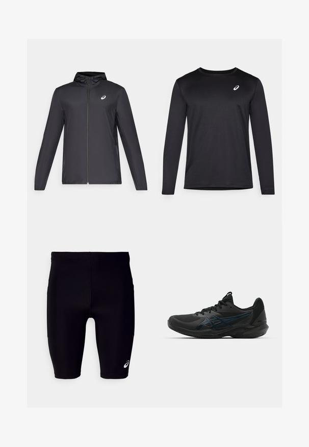 Sort letvægtsjakke med hætte, frontlynlås, lange ærmer og et lille logo på brystet. Glat, vandafvisende stof.; Sort langærmet atletisk skjorte lavet af struktureret stof, med rund halsudskæring og et lille logo på brystet.; Sorte træningsshorts lavet af strækbart materiale, med en tætsiddende pasform, knælangt design og et lille hvidt logo på den nedre side.; ASICS SOLUTION SPEED FF 3 CLAY - Tennissko til grusbane - black/prism blue