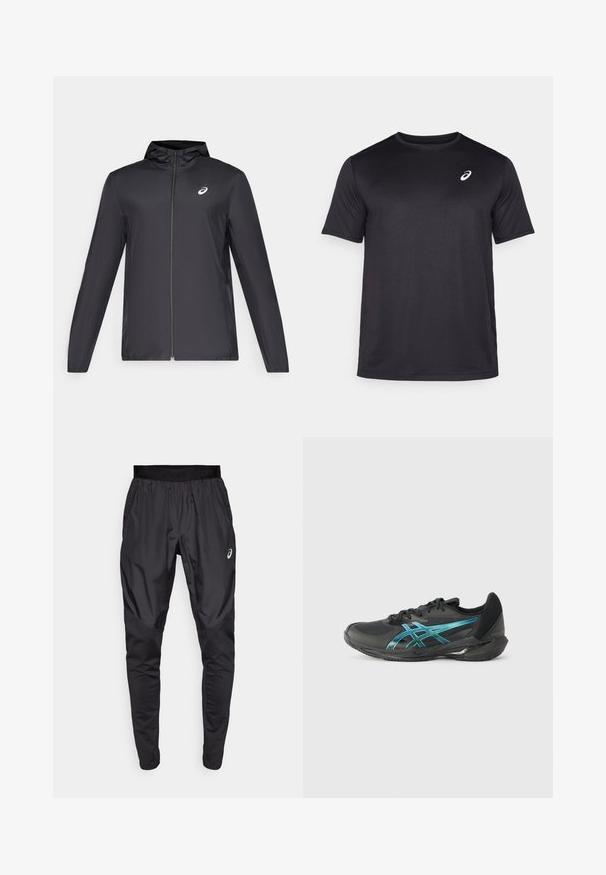 Fekete, könnyű dzseki kapucnival, elöl cipzárral, hosszú ujjú, és egy kisebb logóval a mellkason. Simább, vízálló anyag.; Fekete, rövid ujjú sportpóló légáteresztő anyagból, kerek nyakkal és egy apró fehér logóval a bal felső mellen.; Fekete sportnadrág rugalmas derékkal, oldalsó zsebekkel és ellentétes textúrájú panelek a lábakon. Asics logó a csípőn.; ASICS SOLUTION SPEED FF 3 - Teniszcipők többféle pályához - black/prism blue