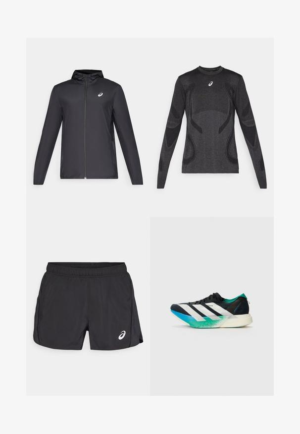 Fekete, könnyű dzseki kapucnival, elöl cipzárral, hosszú ujjú, és egy kisebb logóval a mellkason. Simább, vízálló anyag.; Hosszú ujjú sportos felső sötétszürkében, világosabb szürke textúrált díszítésekkel. Kerek nyakkivágás, a mellrészen logóval.; Fekete sportnadrág rugalmas derékkal, oldalsó hasítékkal és egy fehér logóval az alsó jobb elülső részen. Könnyű, sima textúrával.; Fekete sportcipő fehér csíkokkal, türkiz zöld kiegészítőkkel és kék-zöld színátmenetes talppal. Könnyű kivitel, texturált felsőrésszel.