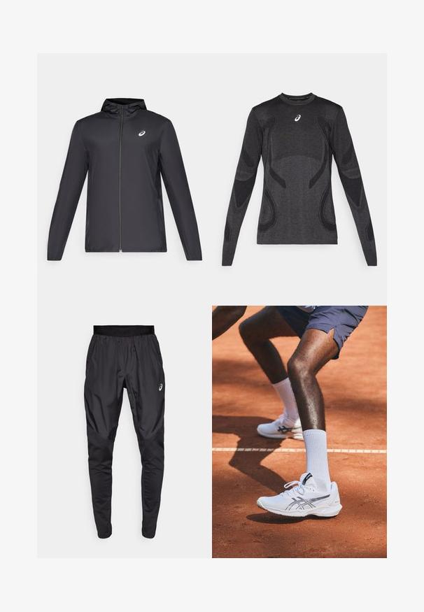 Black lightweight jacket with a hood, front zipper, long sleeves, and a small logo on the chest. Smooth, water-resistant fabric.; Long-sleeved athletic top in dark gray, featuring textured design accents in a lighter gray. Crew neckline with logo on the chest.; Black athletic pants with a stretchy waistband, side pockets, and contrasting texture panels on the legs. Asics logo on the hip.; White athletic shoes with silver accents, featuring a textured sole, mesh fabric upper, and laces, positioned on a clay tennis court.