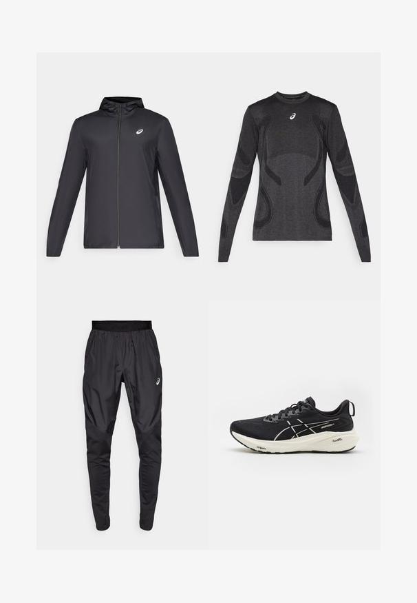 Svart lättviktsjacka med huva, framdragkedja, långa ärmar och en liten logotyp på bröstet. Slät, vattenavvisande tyg.; Långärmad sporttopp i mörkgrått, med strukturerade designdetaljer i ljusgrått. Rundad halsringning med logotyp på bröstet.; Svarta träningbyxor med elastisk midja, sidofickor och kontrasterande texturpaneler på benen. Asics-logga på höften.; Svart löparsko med mesh-överdela, vita accenter, tjock sula och synlig stötdämpningsteknik. Har snören och en dragflik vid hälen.
