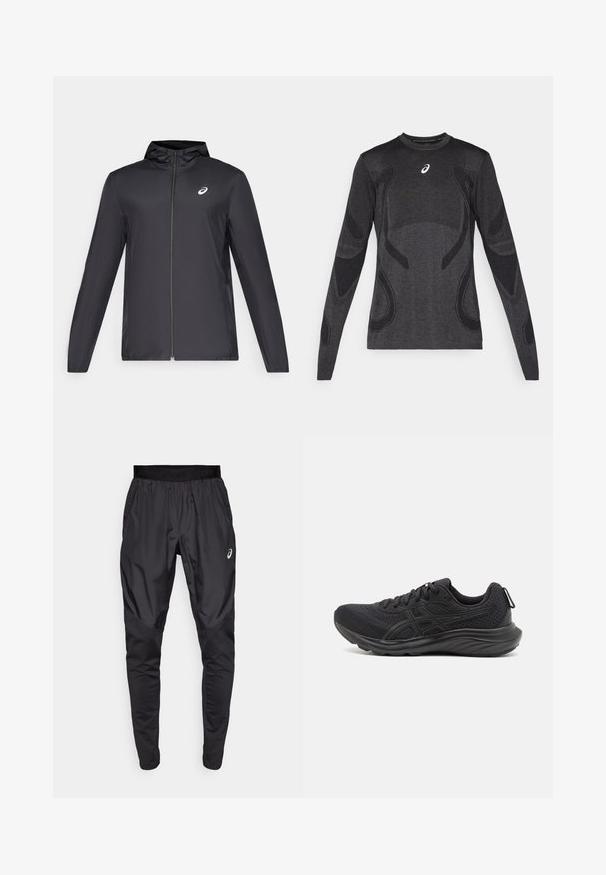 Giacca leggera nera con cappuccio, zip frontale, maniche lunghe e un piccolo logo sul petto. Tessuto liscio e resistente all'acqua.; Maglia sportiva a maniche lunghe in grigio scuro, con dettagli di design testurizzati in un grigio più chiaro. Collo a giro con logo sul petto.; Pantaloni sportivi neri con una cintura elastica, tasche laterali e pannelli di texture a contrasto sulle gambe. Logo Asics sull'anca.; Scarpe sportive nere realizzate in mesh e materiali sintetici, con una tomaia testurizzata, design con lacci e una suola imbottita con un tassello per il trasporto.