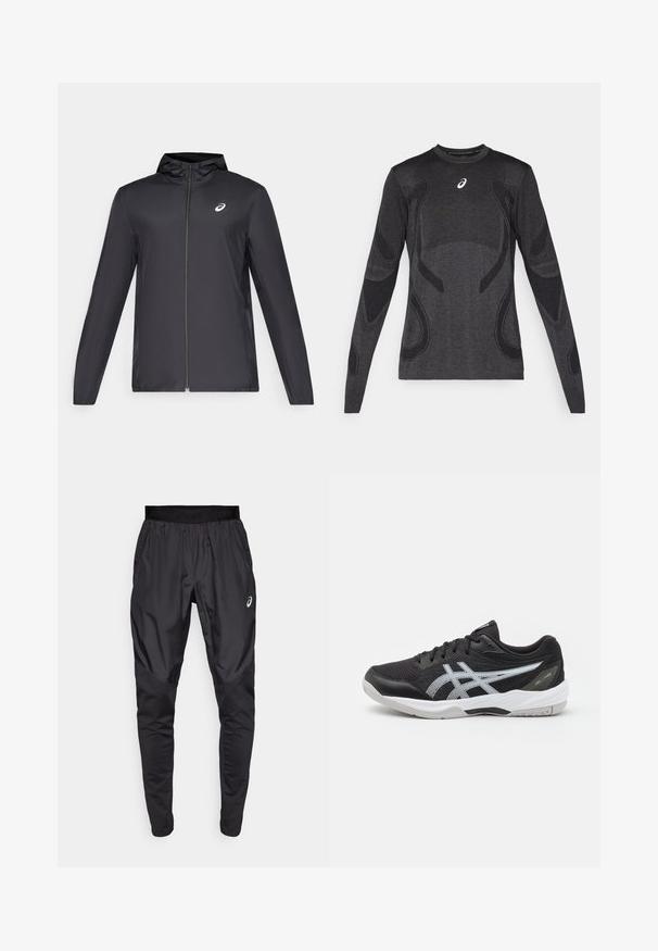 Schwarze, leichte Jacke mit Kapuze, Frontreißverschluss, langen Ärmeln und kleinem Logo auf der Brust. Glattes, wasserabweisendes Material.; Langärmliges Sportoberteil in Dunkelgrau mit strukturierten Designelementen in Hellgrau. Rundhalsausschnitt mit Logo auf der Brust.; Schwarze Sporthosen mit einem dehnbaren Bund, Seitentaschen und kontrastierenden Texturpanelen an den Beinen. Asics-Logo an der Hüfte.; Schwarzer Sportschuh mit einem Obermaterial aus Mesh, reflektierendem silbernen Logo, Gummisohle und weißen Akzenten. Verfügt über einen gepolsterten Schaft und ein strapazierfähiges Design.
