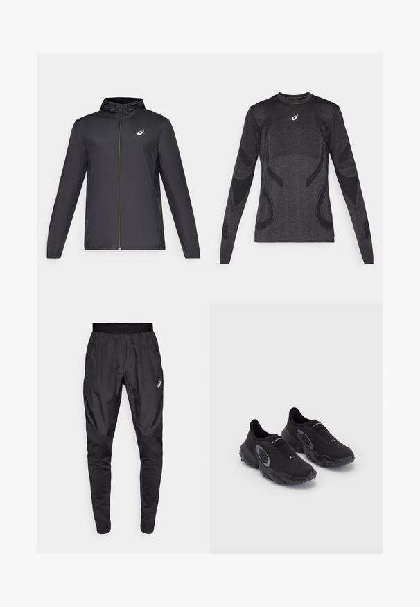 Crna lagana jakna s kapuljačom, prednjim patentnim zatvaračem, dugim rukavima i malim logom na prsima. Glatka, vodoodbojna tkanina.; Dugih rukava atletska majica tamno sive boje, s teksturiranim dizajnom u svjetlijoj sivoj boji. Okrugli izrez s logotipom na prsima.; Crne sportske hlače s rastezljivim pojasom, bočnim džepovima i kontrastnim teksturalnim panelima na nogama. Asics logo na kuku.; Crne slip-on tenisice s teksturiranim gornjim dijelom i gumenim potplatom. Imaju sivi kružni akcent i elastični remen preko instep-a za dobar fit.