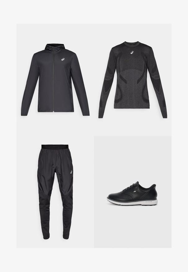 Sort letvægtsjakke med hætte, frontlynlås, lange ærmer og et lille logo på brystet. Glat, vandafvisende stof.; Langærmet atletisk top i mørkegrå, med teksturerede designelementer i en lysere grå. Crew-neklinje med logo på brystet.; Sorte træningsbukser med en strækbar talje, sidelommer og kontrasterende teksturpaneler på benene. Asics-logo på hoften.; Sort læder snørebånd Skechers sneakers med hvid sål, side-logo og tekstureret greb på sålen mod en ensfarvet lyse baggrund.