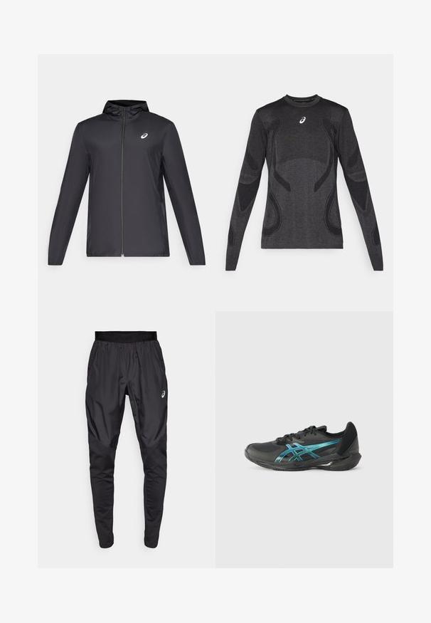 Černá lehká bunda s kapucí, předním zipem, dlouhými rukávy a malým logem na hrudi. Hladká, voděodolná tkanina.; Dlouhý rukáv sportovní top v tmavě šedé barvě, s texturovanými designovými akcenty v světle šedé. Kulatý výstřih s logem na hrudi.; Černé sportovní kalhoty s elastickým páskem, bočními kapsami a kontrastními texturovými panely na nohavicích. Logo Asics na boku.; ASICS SOLUTION SPEED FF 3 - Tenisové boty na všechny povrchy - black/prism blue