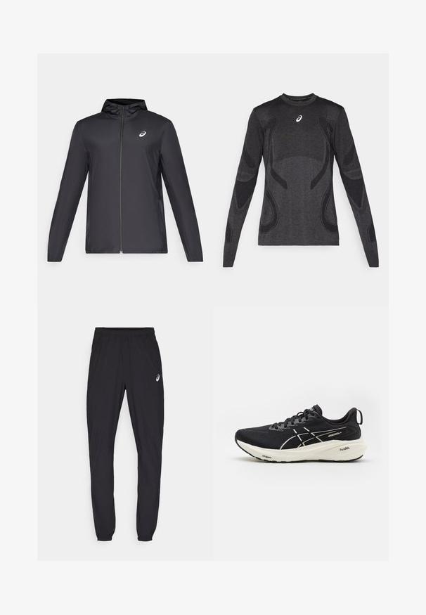 Veste légère noire avec capuche, fermeture éclair sur le devant, manches longues et petit logo sur la poitrine. Tissu lisse et résistant à l'eau.; Haut de sport à manches longues en gris foncé, avec des accents de design texturé en gris clair. Encolure ronde avec logo sur la poitrine.; Pantalons de sport noirs avec une taille élastique et des poignets ajustés. Présente un accent de logo subtil sur la cuisse gauche. Tissu lisse et léger.; Baskets de course noires avec tige en mesh, accents blancs, semelle épaisse et technologie d'amortissement visible. Comprend des lacets et une languette au talon.