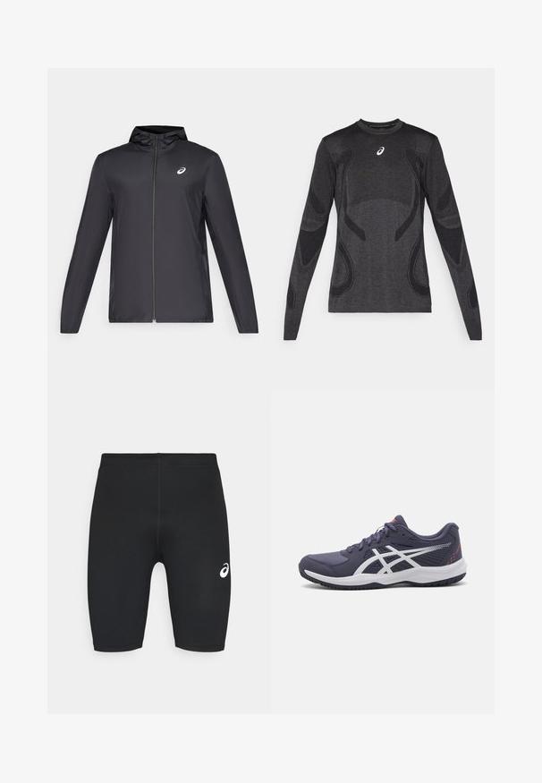 Black lightweight jacket with a hood, front zipper, long sleeves, and a small logo on the chest. Smooth, water-resistant fabric.; Long-sleeved athletic top in dark gray, featuring textured design accents in a lighter gray. Crew neckline with logo on the chest.; Black athletic shorts with a smooth texture, fitted design, and white logo on the left side. No visible pockets or hardware details.; Dark navy athletic shoes with white accents, textured material, low-cut design, cushioned sole, and lace-up closure.