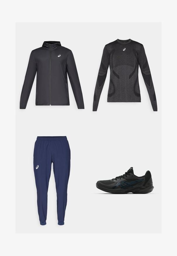 Schwarze, leichte Jacke mit Kapuze, Frontreißverschluss, langen Ärmeln und kleinem Logo auf der Brust. Glattes, wasserabweisendes Material.; Langärmliges Sportoberteil in Dunkelgrau mit strukturierten Designelementen in Hellgrau. Rundhalsausschnitt mit Logo auf der Brust.; Marineblaue Sporthosen aus leichtem Stoff, mit einem elastischen Bund, schmal zulaufenden Beinen und einem weißen Logo-Akzent am Oberschenkel.; ASICS SOLUTION SPEED FF 3 CLAY - Tennisschuh für Sandplätze - black/prism blue