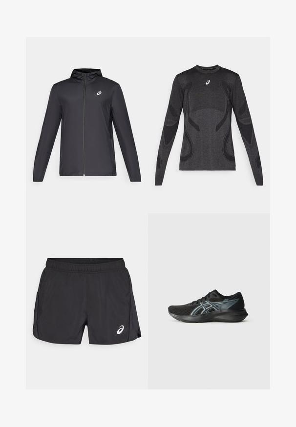 Czarna, lekka kurtka z kapturem, z zamek błyskawicznym z przodu, długimi rękawami i małym logo na klatce piersiowej. Gładki, wodoodporny materiał.; Długi rękaw sportowy top w ciemnoszarym kolorze, z teksturowanymi akcentami w jaśniejszym odcieniu szarości. Okrągły dekolt z logo na klatce piersiowej.; Czarne sportowe szorty z elastycznym paskiem w talii, z bocznym rozcięciem oraz białym logo na dolnej, prawej stronie. Lekka, gładka tekstura.; Czarne sportowe buty z siateczkowym wierzchem, kontrastującymi szarymi akcentami, wyściełaną podeszwą i aerodynamicznym designem. Odpowiednie do biegania.