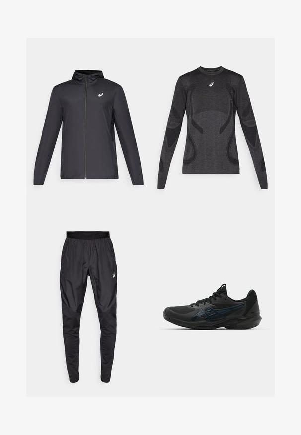 Veste légère noire avec capuche, fermeture éclair sur le devant, manches longues et petit logo sur la poitrine. Tissu lisse et résistant à l'eau.; Haut de sport à manches longues en gris foncé, avec des accents de design texturé en gris clair. Encolure ronde avec logo sur la poitrine.; Pantalons de sport noirs avec une taille élastique, des poches latérales et des panneaux de texture contrastée sur les jambes. Logo Asics sur la hanche.; ASICS SOLUTION SPEED FF 3 CLAY - Chaussures de tennis pour terre-battueerre battue - black/prism blue