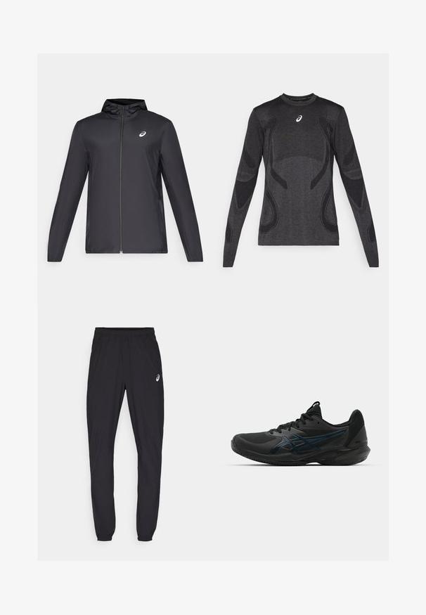 Schwarze, leichte Jacke mit Kapuze, Frontreißverschluss, langen Ärmeln und kleinem Logo auf der Brust. Glattes, wasserabweisendes Material.; Langärmliges Sportoberteil in Dunkelgrau mit strukturierten Designelementen in Hellgrau. Rundhalsausschnitt mit Logo auf der Brust.; Schwarze Sporthosen mit elastischem Bund und engen Bündchen. Mit einem dezenten Logo-Akzent auf dem linken Oberschenkel. Glattes, leichtes Material.; ASICS SOLUTION SPEED FF 3 CLAY - Tennisschuh für Sandplätze - black/prism blue