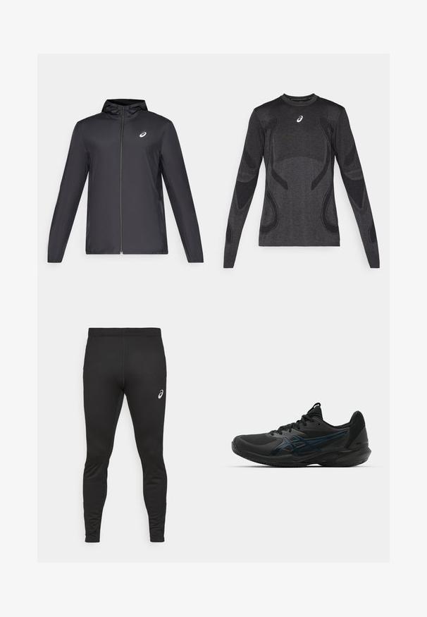 Giacca leggera nera con cappuccio, zip frontale, maniche lunghe e un piccolo logo sul petto. Tessuto liscio e resistente all'acqua.; Maglia sportiva a maniche lunghe in grigio scuro, con dettagli di design testurizzati in un grigio più chiaro. Collo a giro con logo sul petto.; Leggings sportivi neri in tessuto elastico, caratterizzati da una silhouette aderente, una texture liscia e un piccolo logo bianco sulla coscia.; ASICS SOLUTION SPEED FF 3 CLAY - da tennis per terra battuta - black/prism blue