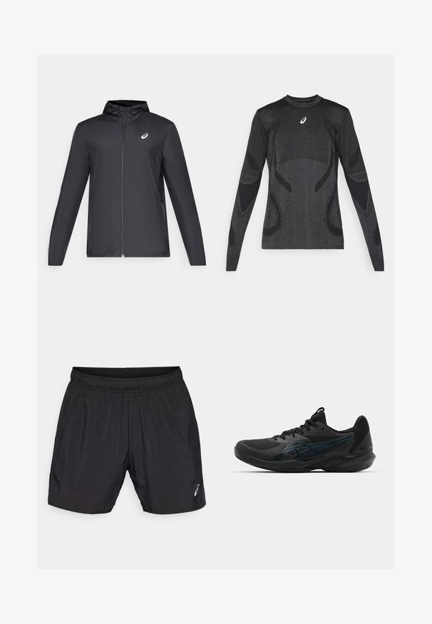 Veste légère noire avec capuche, fermeture éclair sur le devant, manches longues et petit logo sur la poitrine. Tissu lisse et résistant à l'eau.; Haut de sport à manches longues en gris foncé, avec des accents de design texturé en gris clair. Encolure ronde avec logo sur la poitrine.; Shorts de sport noirs en matériau léger, avec une taille élastique et un petit logo sur le bas à gauche.; ASICS SOLUTION SPEED FF 3 CLAY - Chaussures de tennis pour terre-battueerre battue - black/prism blue