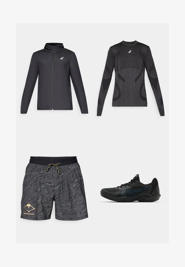 Mustmust mustgaasiga, millega on väike kapuuts, ees lukuga, pikad varrukad ja väike logo rinnal. Sile, veekindel kangas.; Tumehallide pika varrukaga spordisärgid, millel on heleda halli tooni tekstuurilised detailid. Ümmargune kaelus ja logo rinnal.; Mustad mustrid hallide lainetega ja täppidega. Omab musta elastset vööd koos kollase paela ja logoga.; ASICS SOLUTION SPEED FF 3 CLAY - Savikattega väljaku tennisejalatsid - black/prism blue