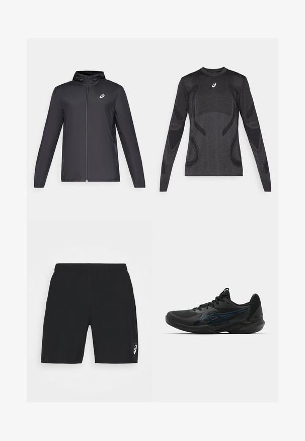 Chaqueta ligera negra con capucha, cierre frontal, mangas largas y un pequeño logo en el pecho. Tela suave y resistente al agua.; Camiseta deportiva de manga larga en gris oscuro, con acentos de diseño texturizado en un gris más claro. Cuello redondo con logotipo en el pecho.; Pantalones cortos deportivos negros hechos de una tela ligera con una cintura elástica. Presenta un logo blanco en la parte inferior derecha.; ASICS SOLUTION SPEED FF 3 CLAY - Zapatillas de tenis para tierra batida - black/prism blue