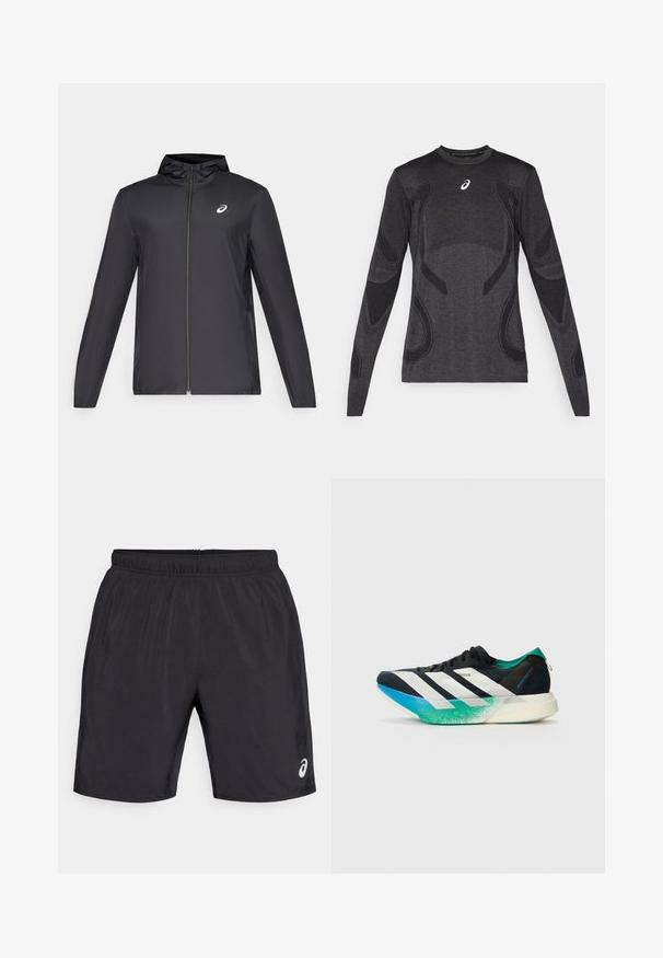 Czarna, lekka kurtka z kapturem, z zamek błyskawicznym z przodu, długimi rękawami i małym logo na klatce piersiowej. Gładki, wodoodporny materiał.; Długi rękaw sportowy top w ciemnoszarym kolorze, z teksturowanymi akcentami w jaśniejszym odcieniu szarości. Okrągły dekolt z logo na klatce piersiowej.; Czarne sportowe szorty z elastycznym pasem. Gładka tekstura i logo na dolnej prawej stronie. Długość do kolan.; Czarne buty sportowe z białymi paskami, akcentami w kolorze zieleni morska i gradientową podeszwą w odcieniach niebieskiego i zielonego. Lekka konstrukcja z fakturowaną cholewką.