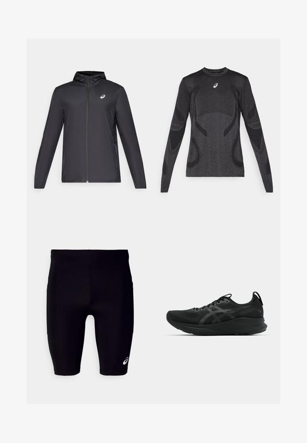 Veste légère noire avec capuche, fermeture éclair sur le devant, manches longues et petit logo sur la poitrine. Tissu lisse et résistant à l'eau.; Haut de sport à manches longues en gris foncé, avec des accents de design texturé en gris clair. Encolure ronde avec logo sur la poitrine.; Shorts de sport noirs en matériau extensible, avec un ajustement serré, une coupe au genou et un petit logo blanc sur le côté inférieur.; Chaussure de sport noire avec une tige en mesh, un design à lacets, un talon renforcé et une semelle texturée. Présente des accents de logo réfléchissants subtils.